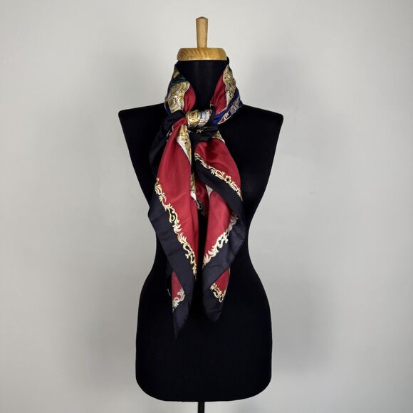 Vintage Silk Baroque Holiday Scarf | Navy, Gold, Red | Jujus Vintage Find - Picture 3 of 10